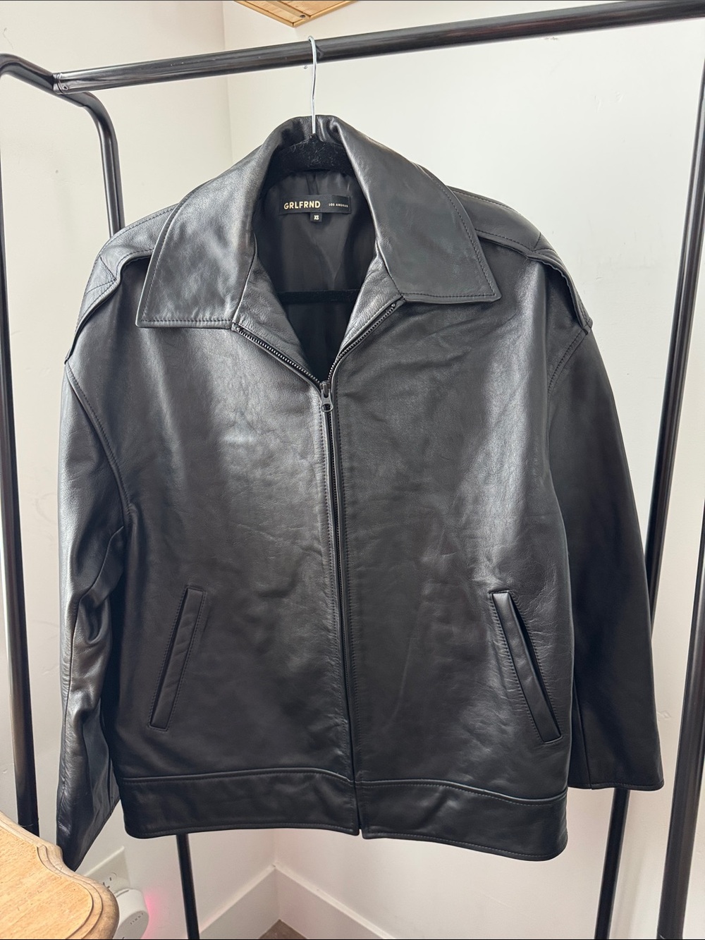 GRLFRND Oversized Black Leather Jacket with Turn Collar